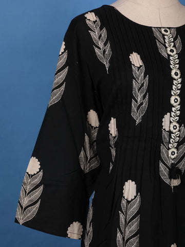 Black Leaf Printed Cotton Salwar Suit Set - Diadem