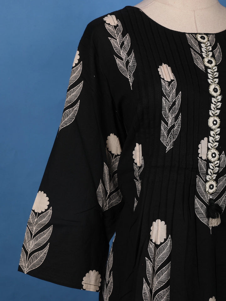 Black Leaf Printed Cotton Salwar Suit Set - Diadem