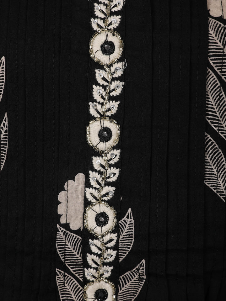 Black Leaf Printed Cotton Salwar Suit Set - Diadem