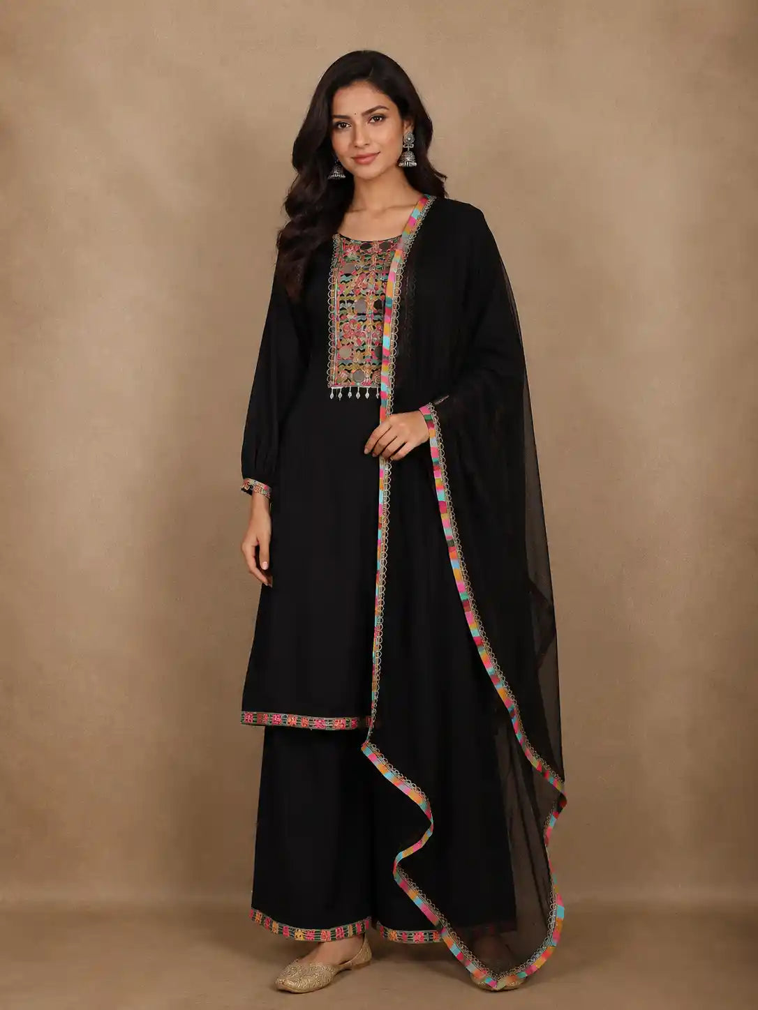 Black Mirror Work Embroidered Cotton Salwar Suit with Dupatta