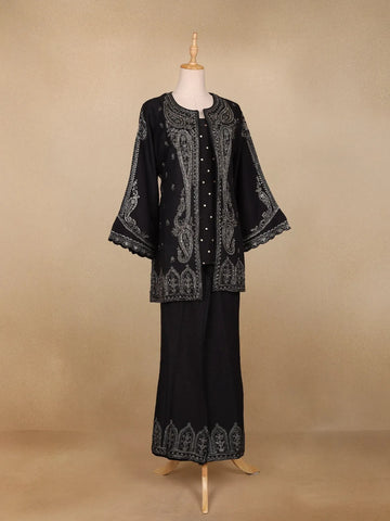 Black Paisley Embroidered Silk Palazzo Salwar Suit - Diadem