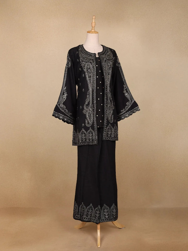 Black Paisley Embroidered Silk Palazzo Salwar Suit - Diadem