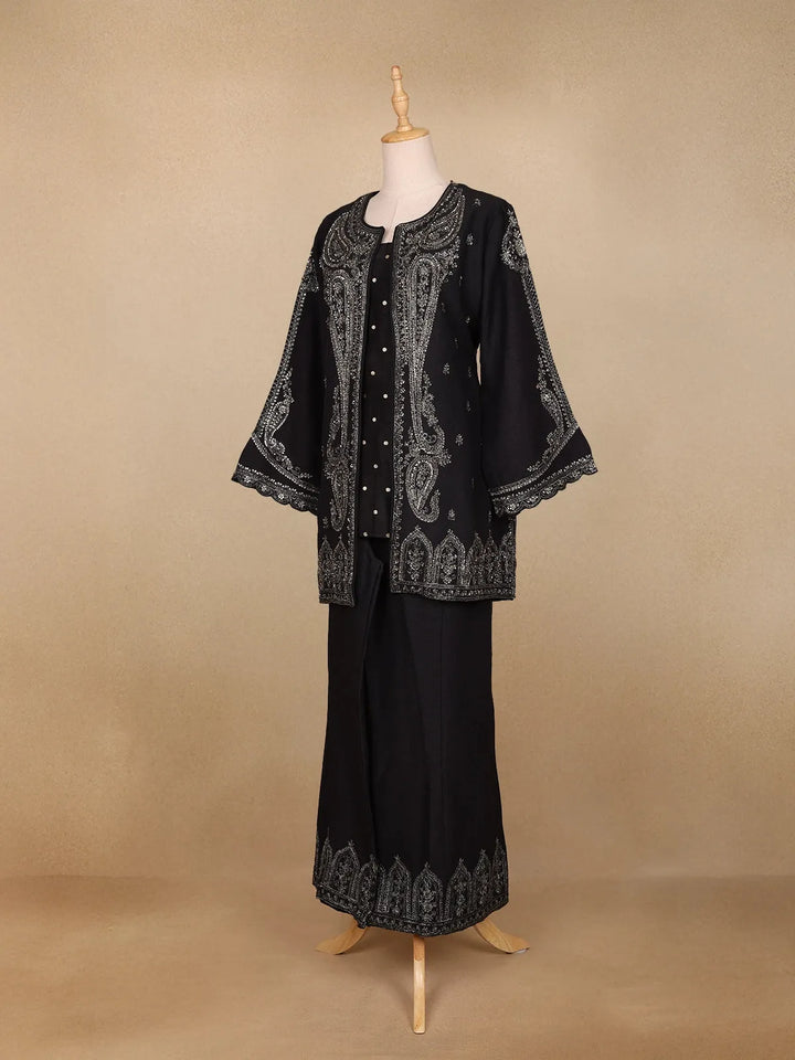Black Paisley Embroidered Silk Palazzo Salwar Suit - Diadem