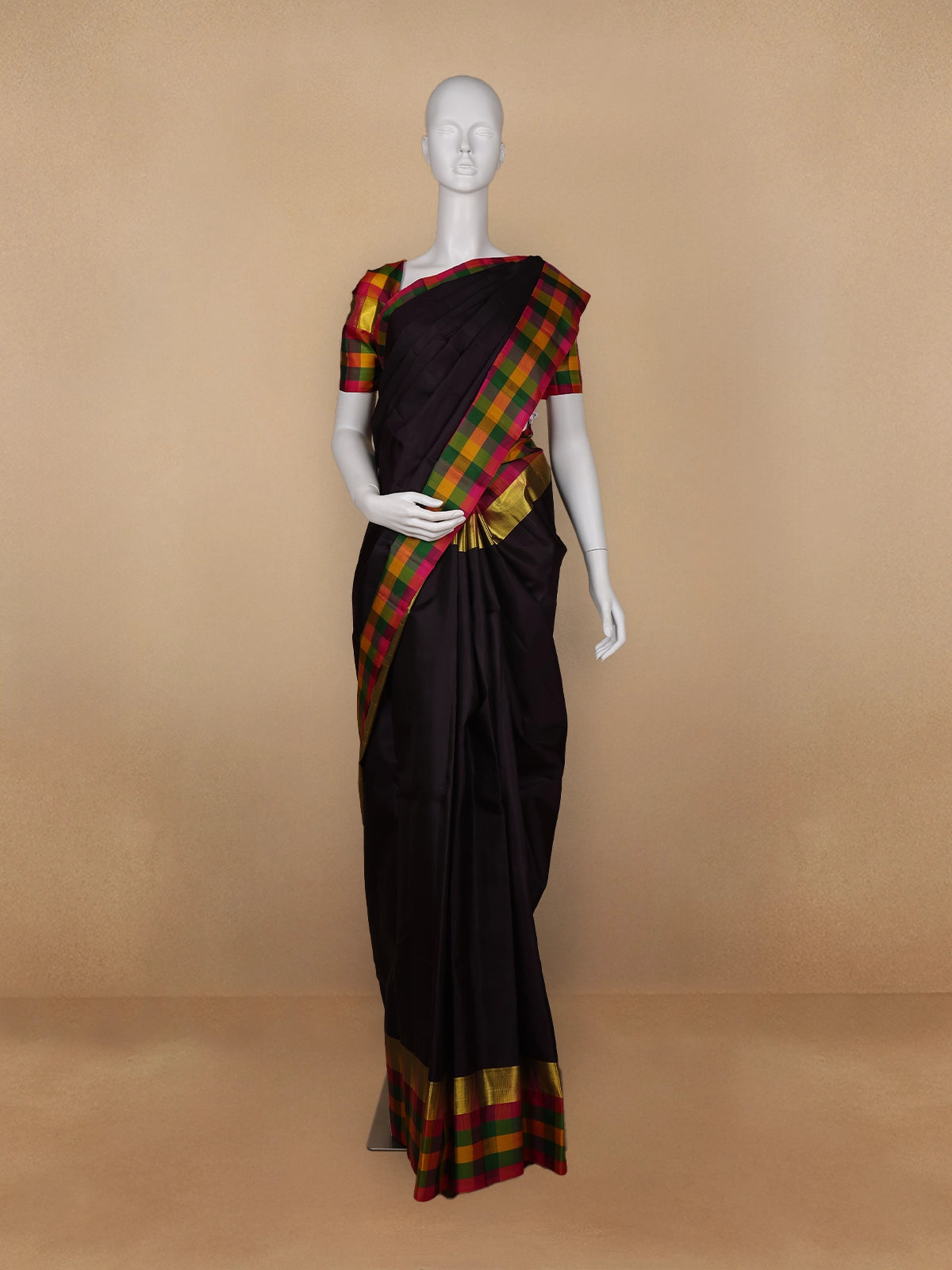 Black Plain Silk Saree with Multicolor checks Border