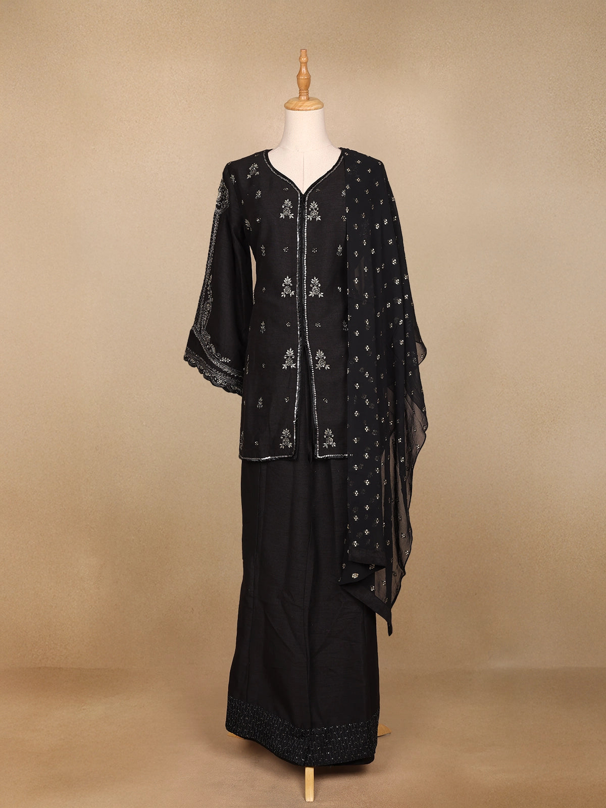 Black Raw Silk Palazzo Suit with Floral Embroidery Design