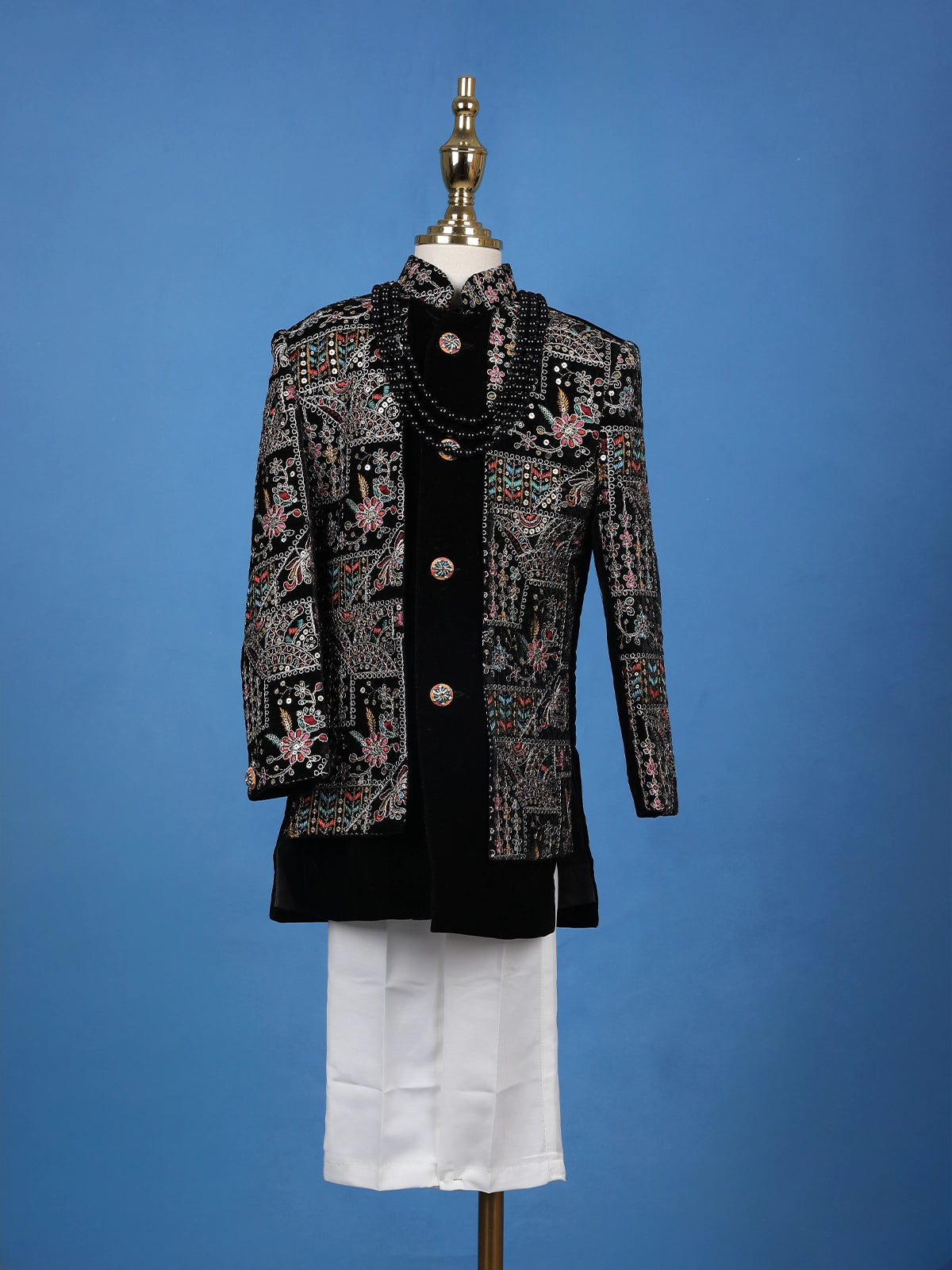 Black Floral Embroidery Satin Sherwani And Pant Set