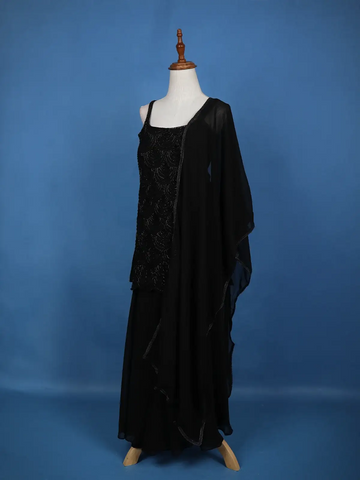 Black Scallop Beaded Embroidery Georgette Palazzo Suit - Diadem