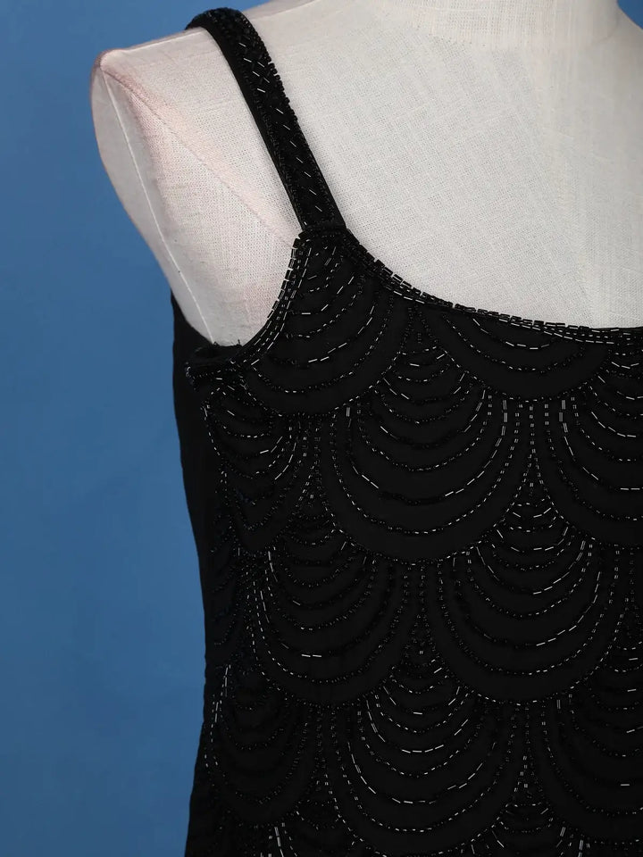 Black Scallop Beaded Embroidery Georgette Palazzo Suit - Diadem