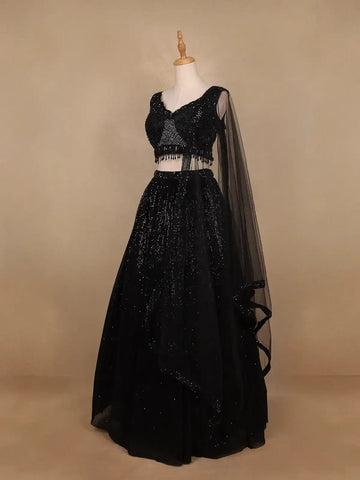 Black Sequins Embroidered Net Lehenga for Bridesmaids - Diadem
