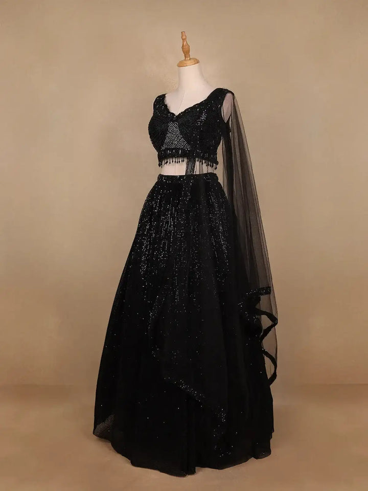 Black Sequins Embroidered Net Lehenga for Bridesmaids - Diadem