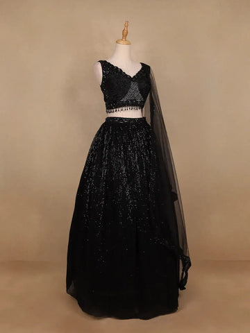 Black Sequins Embroidered Net Lehenga for Bridesmaids - Diadem