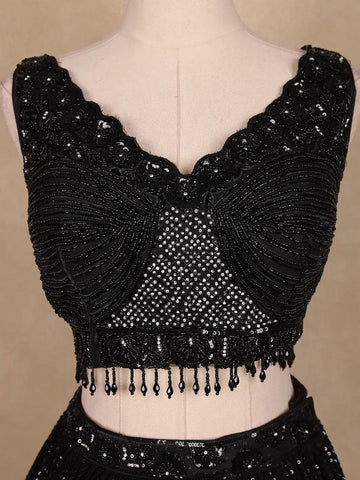Black Sequins Embroidered Net Lehenga for Bridesmaids - Diadem