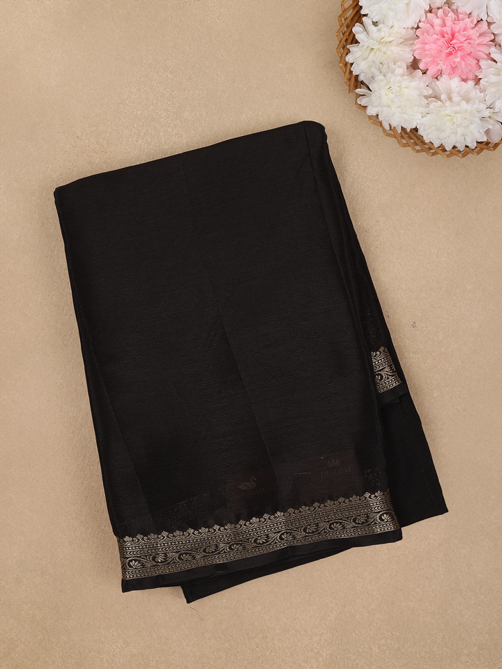 Black Solid Design Antique Gold Zari Border Mysore Silk Saree - Diadem
