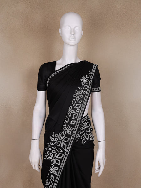 Black Solid Satin Fancy Saree with Designed Border - Diadem