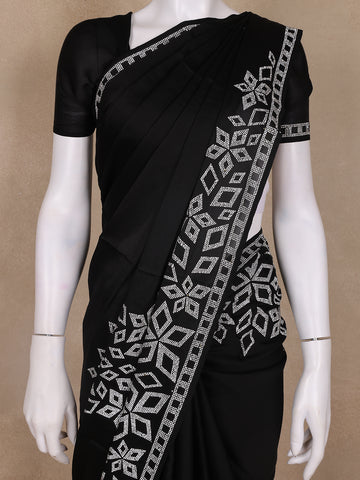 Black Solid Satin Fancy Saree with Designed Border - Diadem