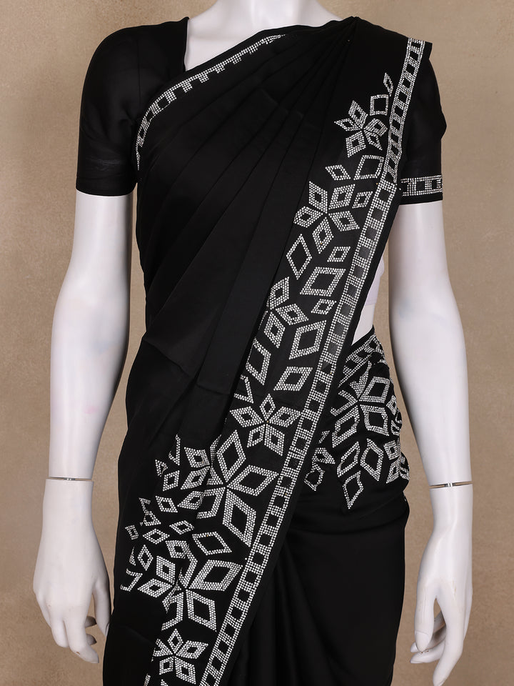 Black Solid Satin Fancy Saree with Designed Border - Diadem
