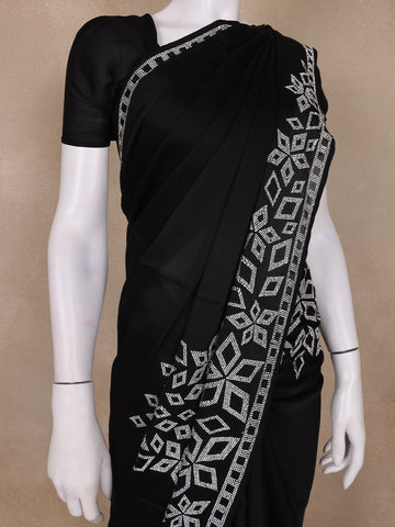 Black Solid Satin Fancy Saree with Designed Border - Diadem