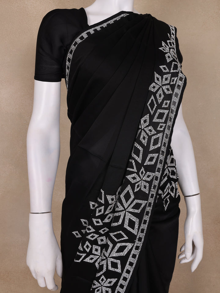 Black Solid Satin Fancy Saree with Designed Border - Diadem