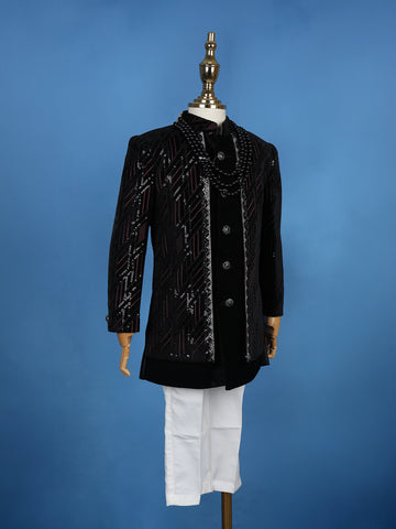 Black Velvet Sequins And Thread Work Sherwani And Pant Set - Diadem