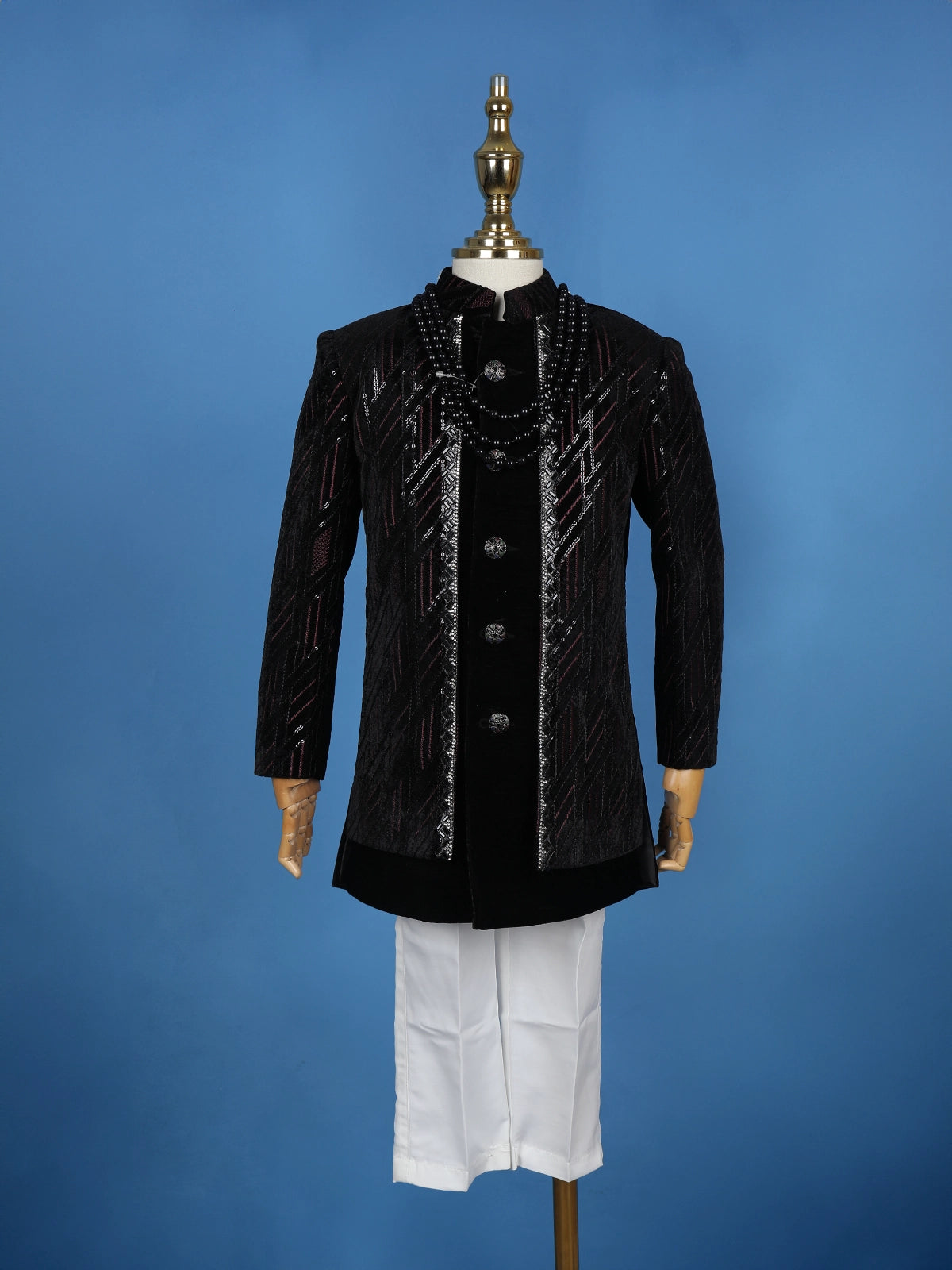 Black Velvet Sequins And Thread Work Sherwani And Pant Set - Diadem