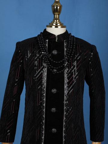 Black Velvet Sequins And Thread Work Sherwani And Pant Set - Diadem