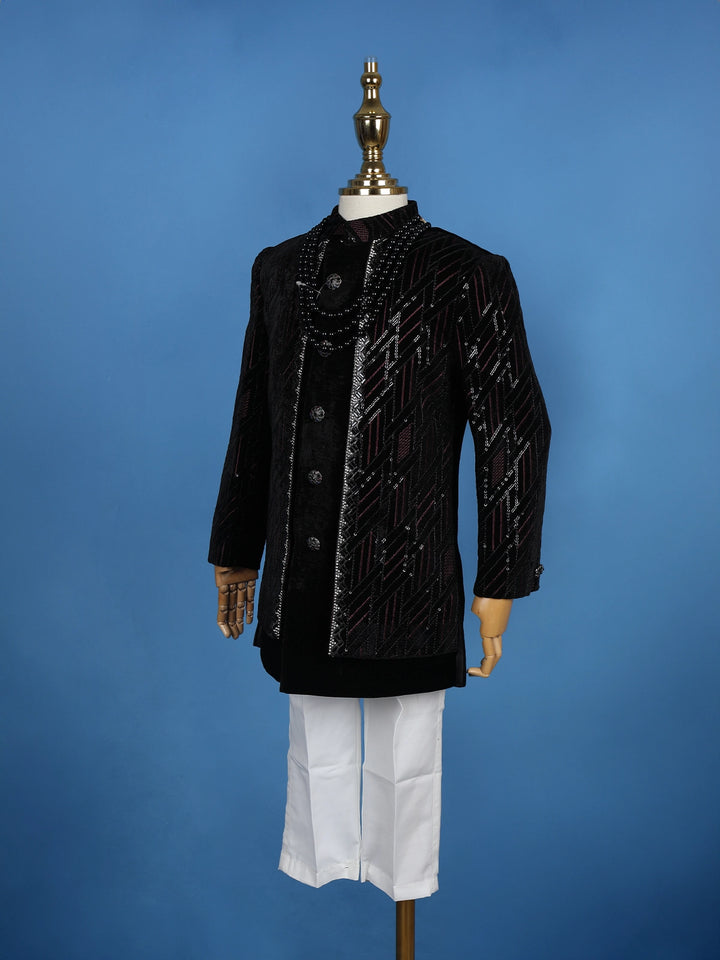 Black Velvet Sequins And Thread Work Sherwani And Pant Set - Diadem