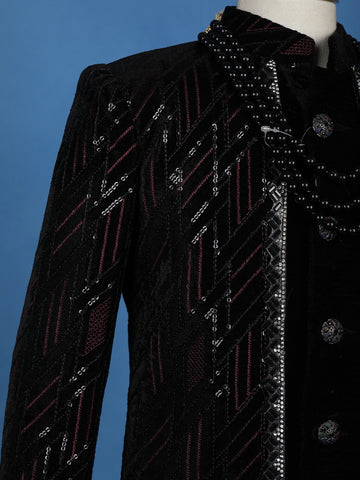 Black Velvet Sequins And Thread Work Sherwani And Pant Set - Diadem