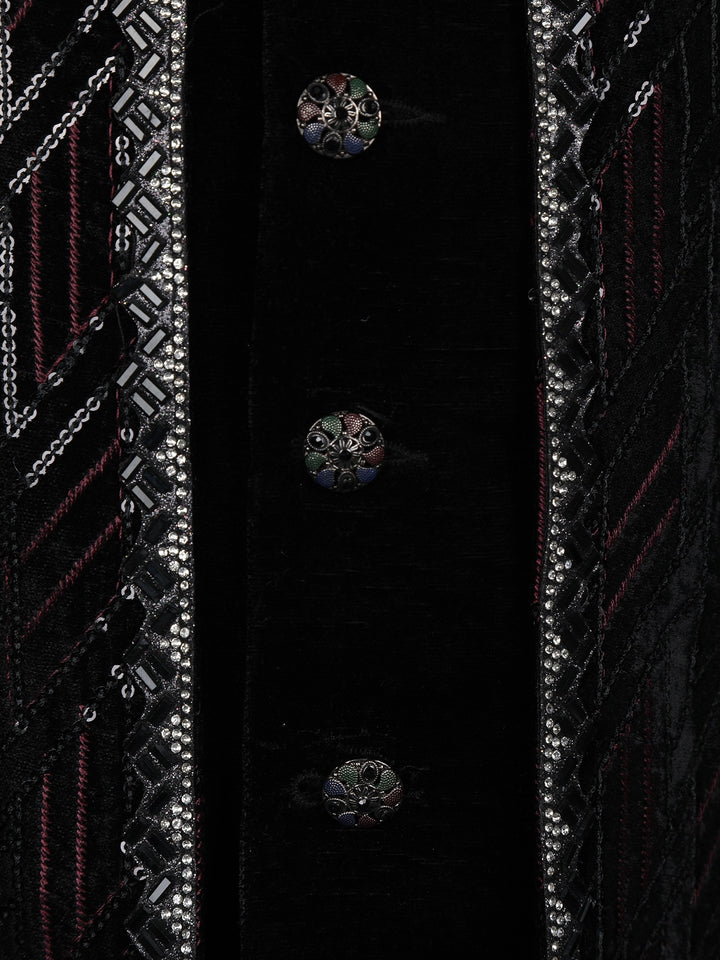 Black Velvet Sequins And Thread Work Sherwani And Pant Set - Diadem