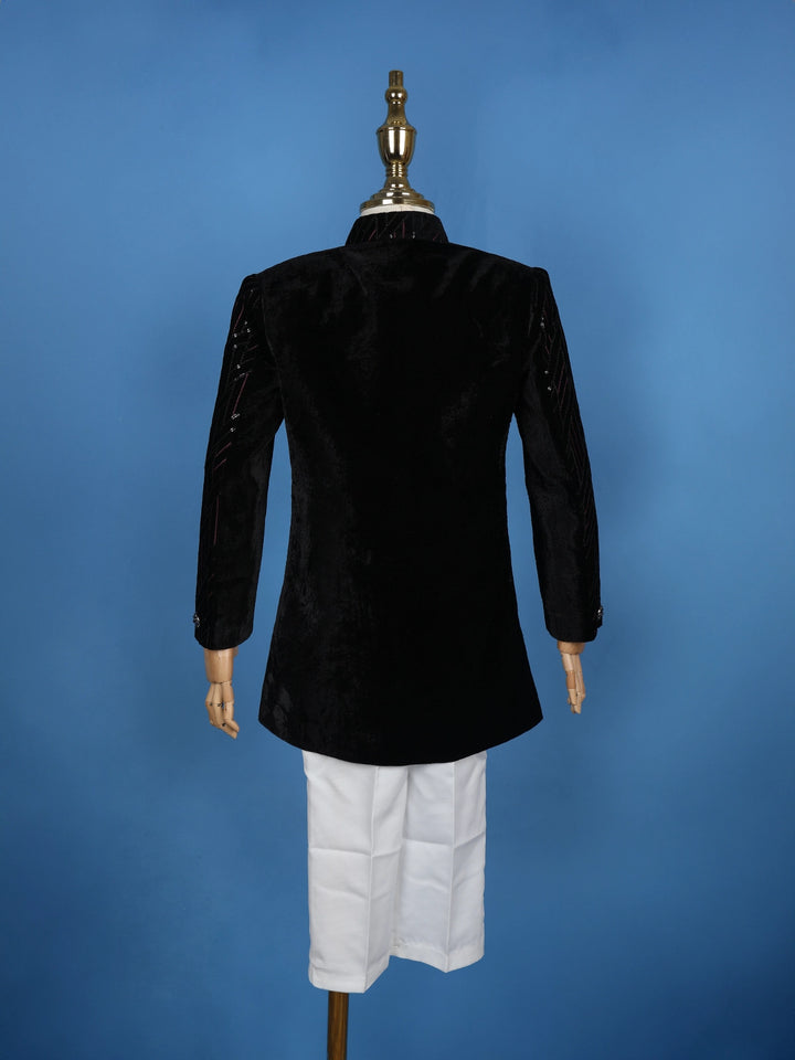 Black Velvet Sequins And Thread Work Sherwani And Pant Set - Diadem