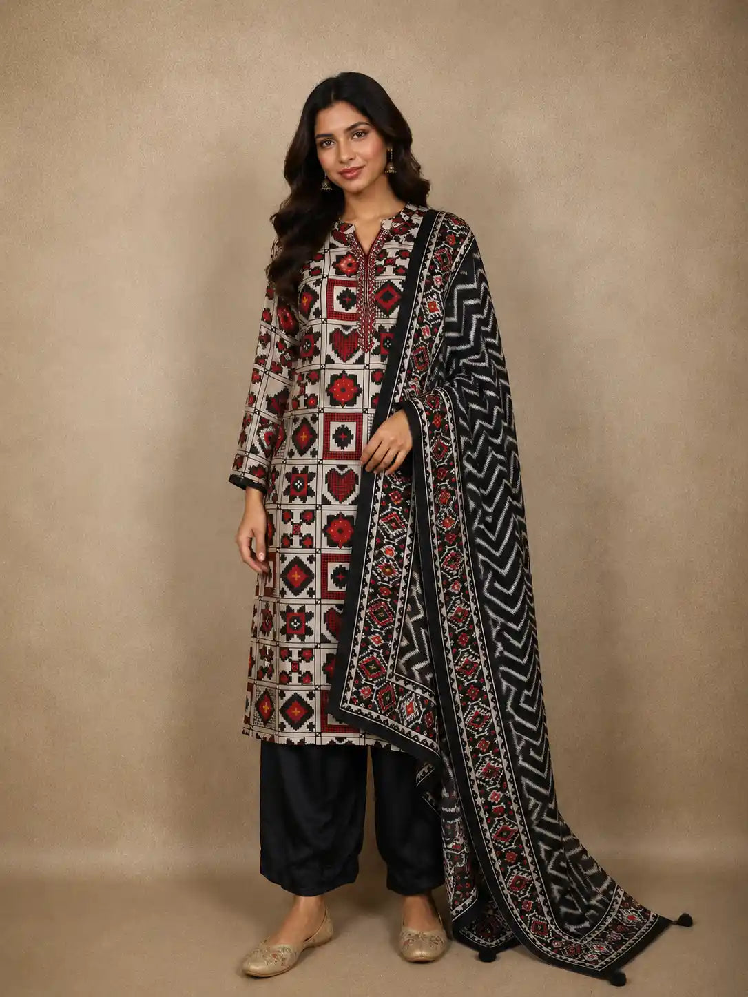 Black and Cream Geometric Print Design Cotton Straight Cut Salwar Suit