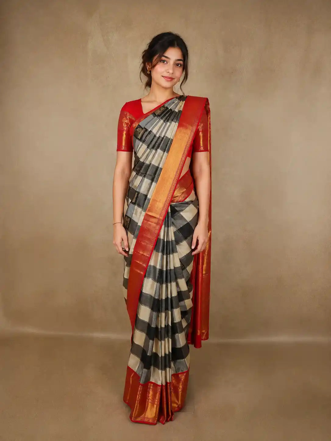 Black and Ivory Checked Woven Design Pure Kanchipuram Silk Saree with Contrast Zari Border