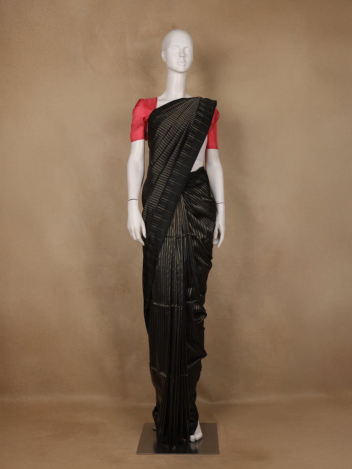 Black with Metallic Gold and Copper Striped Soft Silk Saree - Diadem
