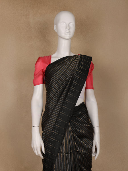 Black with Metallic Gold and Copper Striped Soft Silk Saree - Diadem