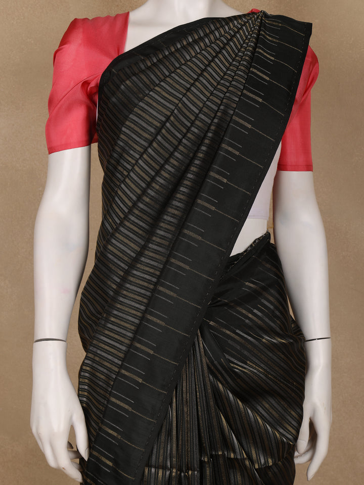 Black with Metallic Gold and Copper Striped Soft Silk Saree - Diadem