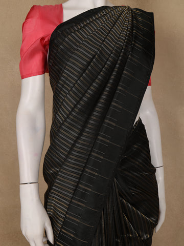 Black with Metallic Gold and Copper Striped Soft Silk Saree - Diadem