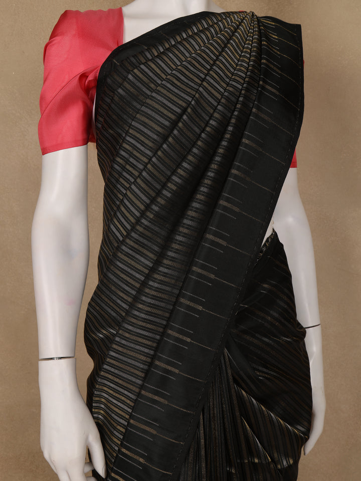 Black with Metallic Gold and Copper Striped Soft Silk Saree - Diadem