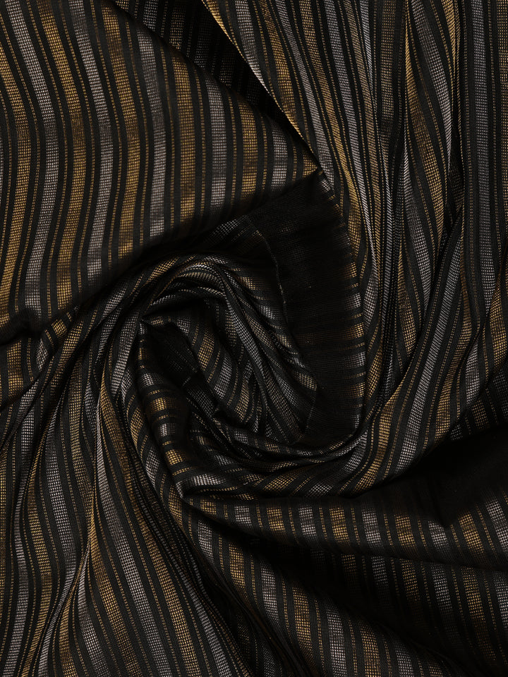 Black with Metallic Gold and Copper Striped Soft Silk Saree - Diadem