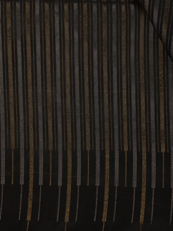 Black with Metallic Gold and Copper Striped Soft Silk Saree - Diadem