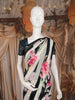 Black and Ivory Striped Floral Printed Chiffon Saree with Scallop Lace Edge Border