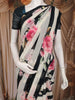 Black and Ivory Striped Floral Printed Chiffon Saree with Scallop Lace Edge Border