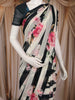 Black and Ivory Striped Floral Printed Chiffon Saree with Scallop Lace Edge Border