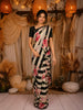 Black and Ivory Striped Floral Printed Chiffon Saree with Scallop Lace Edge Border