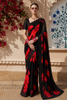 Black and Red Rose Printed Chiffon Saree with Heavy Black Floral Lace Border