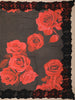Black and Red Rose Printed Chiffon Saree with Heavy Black Floral Lace Border