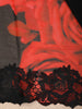 Black and Red Rose Printed Chiffon Saree with Heavy Black Floral Lace Border