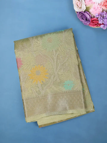 Blond Gold Floral Design Tissue Silk Saree - Diadem