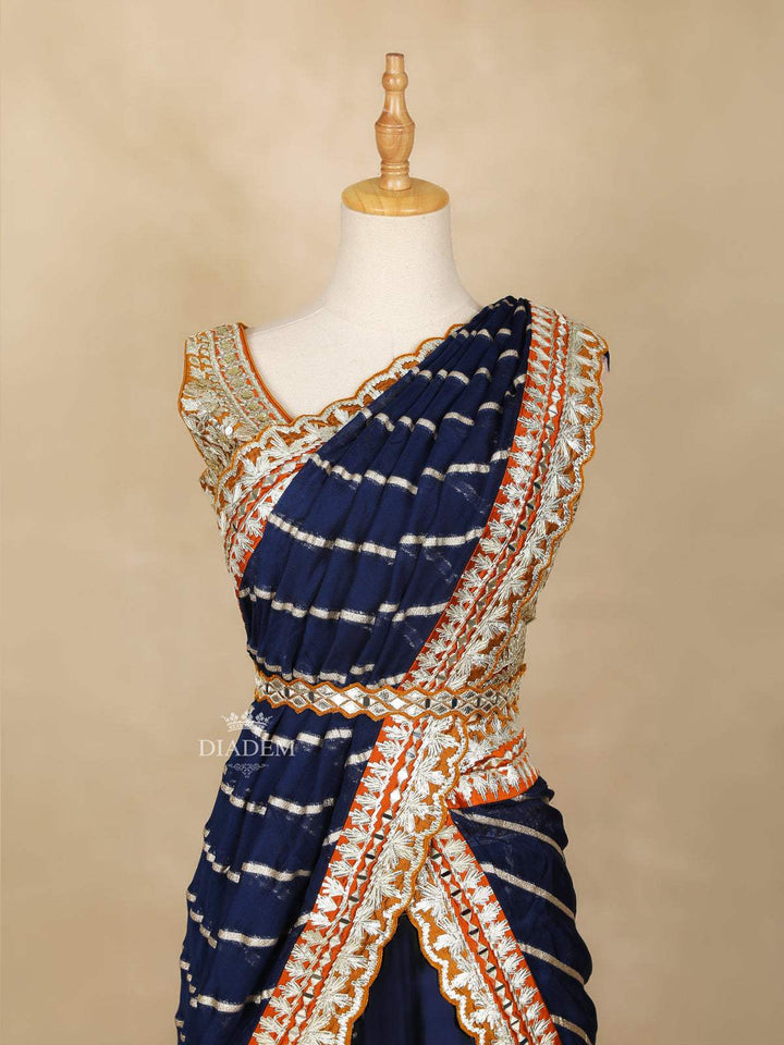 Dark Blue Lehenga Adorned with Embroidery and Stripes Designs, with Dupatta - Diadem