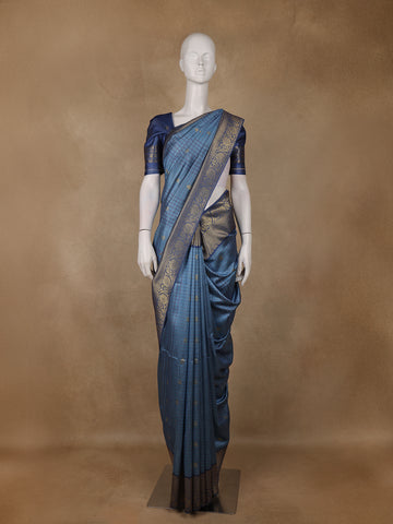 Blue Checked Design Tissue Silk Saree - Diadem
