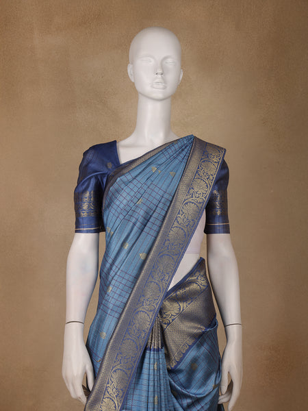 Blue Checked Design Tissue Silk Saree - Diadem