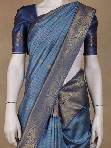 Blue Checked Design Tissue Silk Saree - Diadem